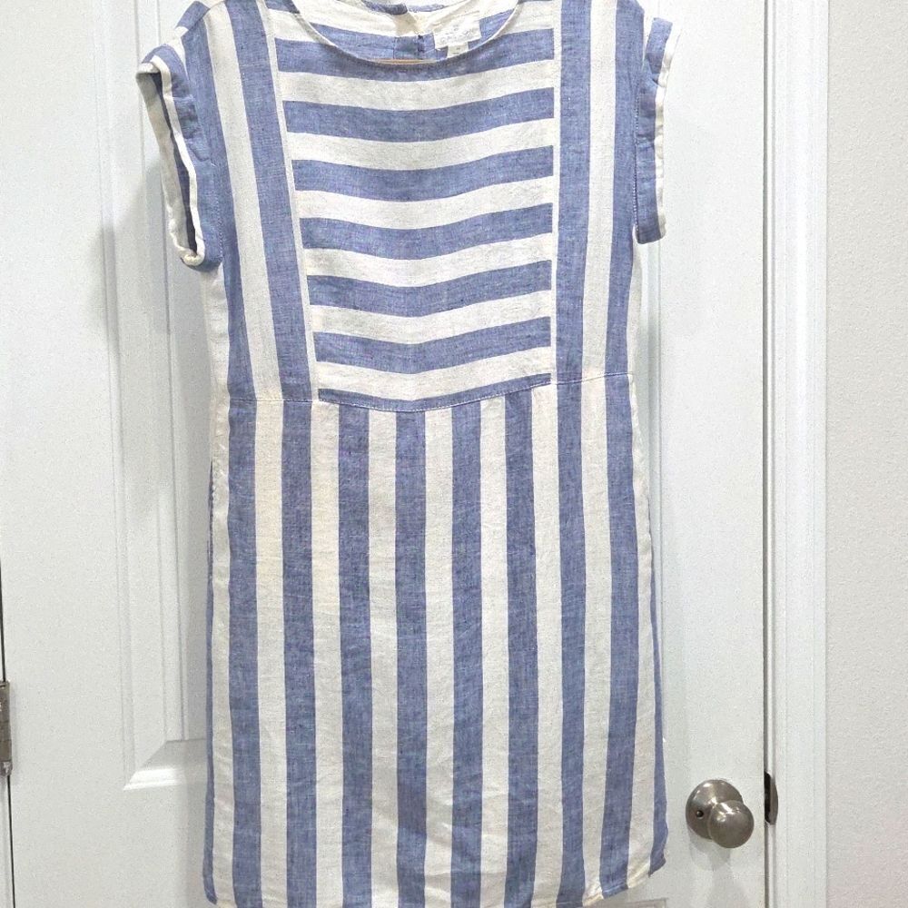 Caslon Dress Womens X Blue/White Striped  Linen Shift Short Sleeves Pockets Mini